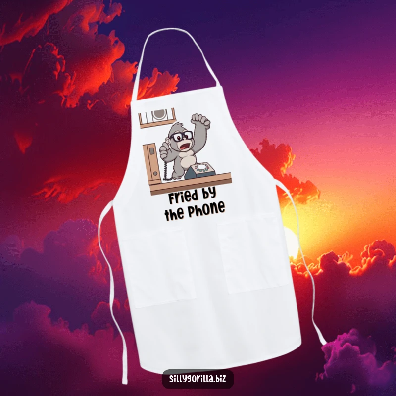 Funny gorilla in glasses, jumping from a ringing phone, cooking apron, office prank gift.