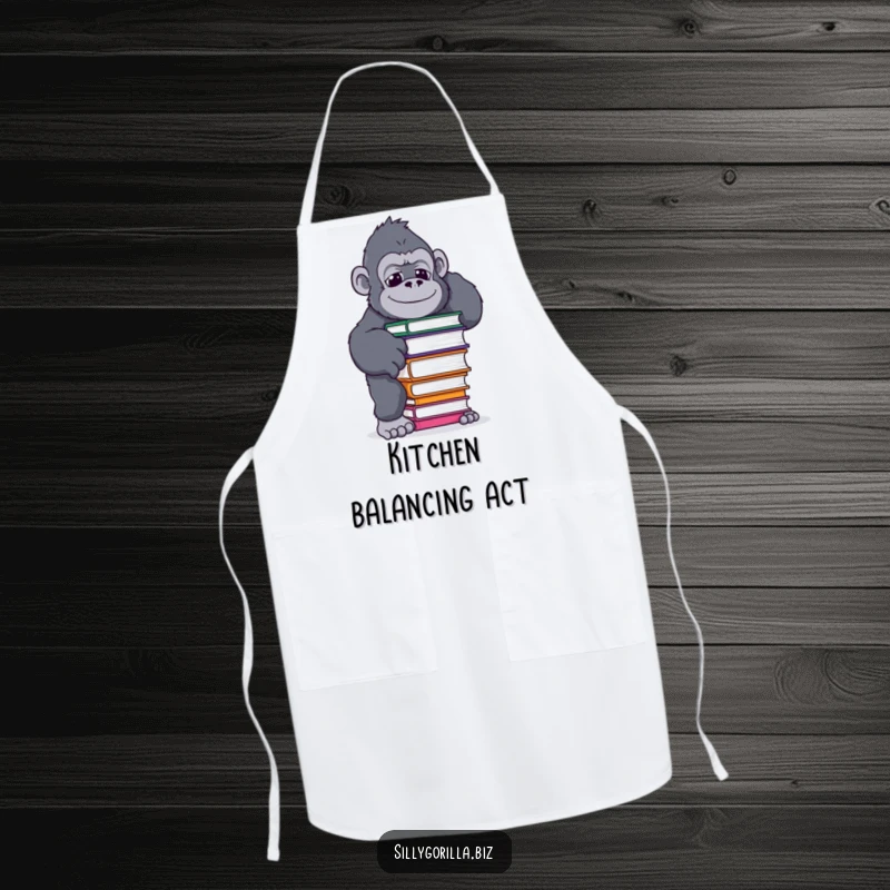 Funny apron featuring a gorilla in a funny pose balancing a coffee mug, perfect for chefs who want to add humor to their kitchen.