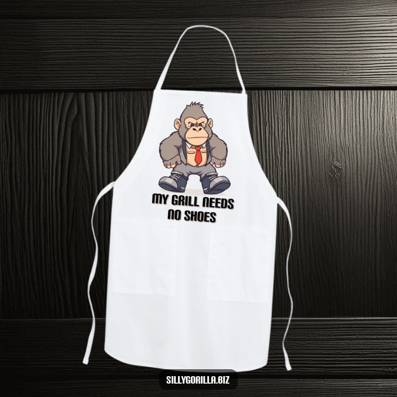 Funny gorilla apron depicting a character in oversized work shoes, humorously stomping through a kitchen or office.
