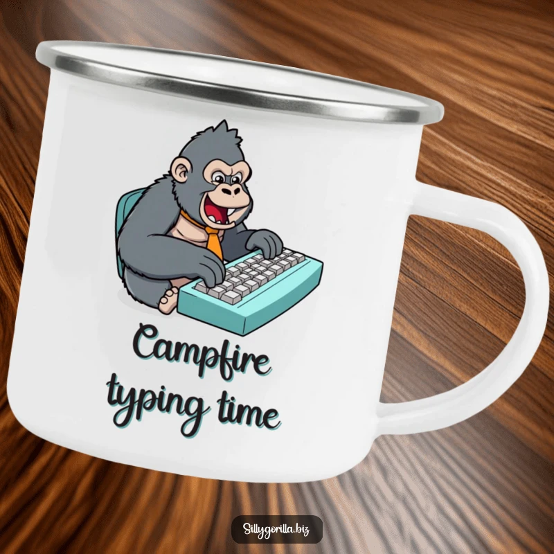 Funny camping mug with a stylized gorilla in a tiny tie, typing on a huge keyboard, ideal for humorous outdoor adventures and travel.