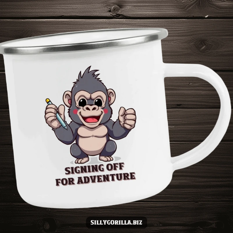Funny camping mug featuring an excited gorilla character holding a pen, ready to sign, perfect for enthusiastic outdoor sips and motivation.