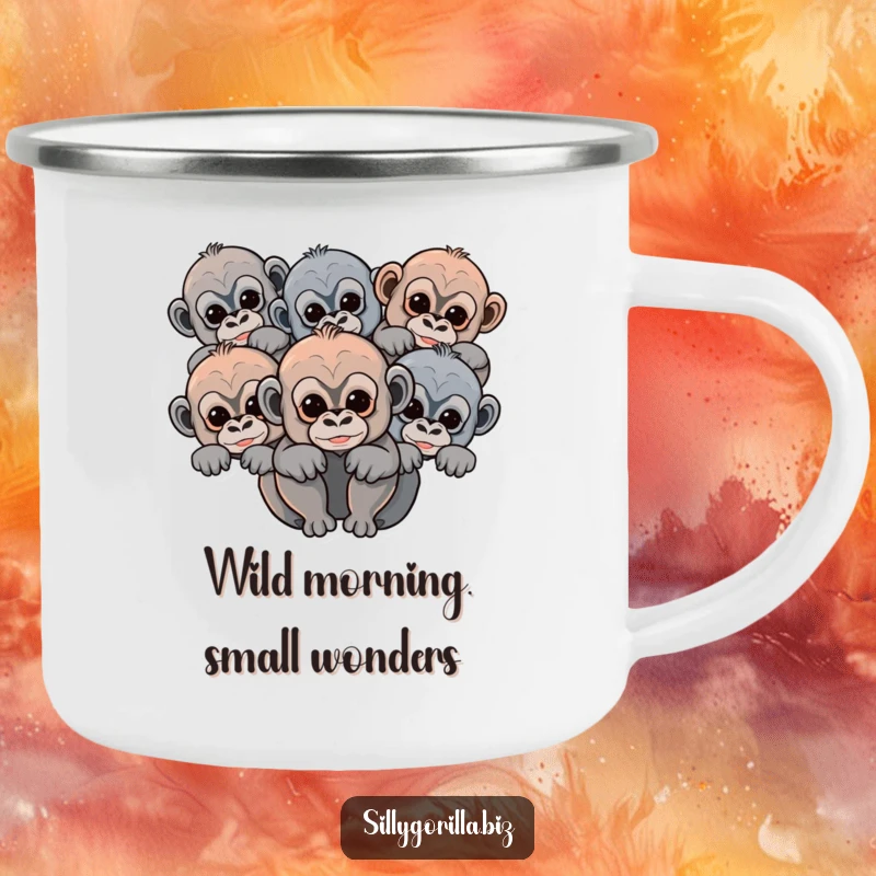 Funny baby gorilla camping mug with abstract rounded shapes of cute primates peeking, durable for outdoor adventures.