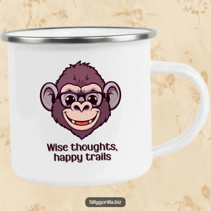 Funny camping mug featuring a stylized gorilla head with tiny spectacles and a wide smile, perfect for smart outdoor sips and humor.
