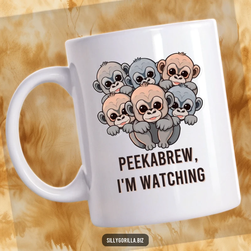 Funny baby gorilla mug featuring abstract rounded shapes of cute primates peeking out, evoking curiosity and joy.