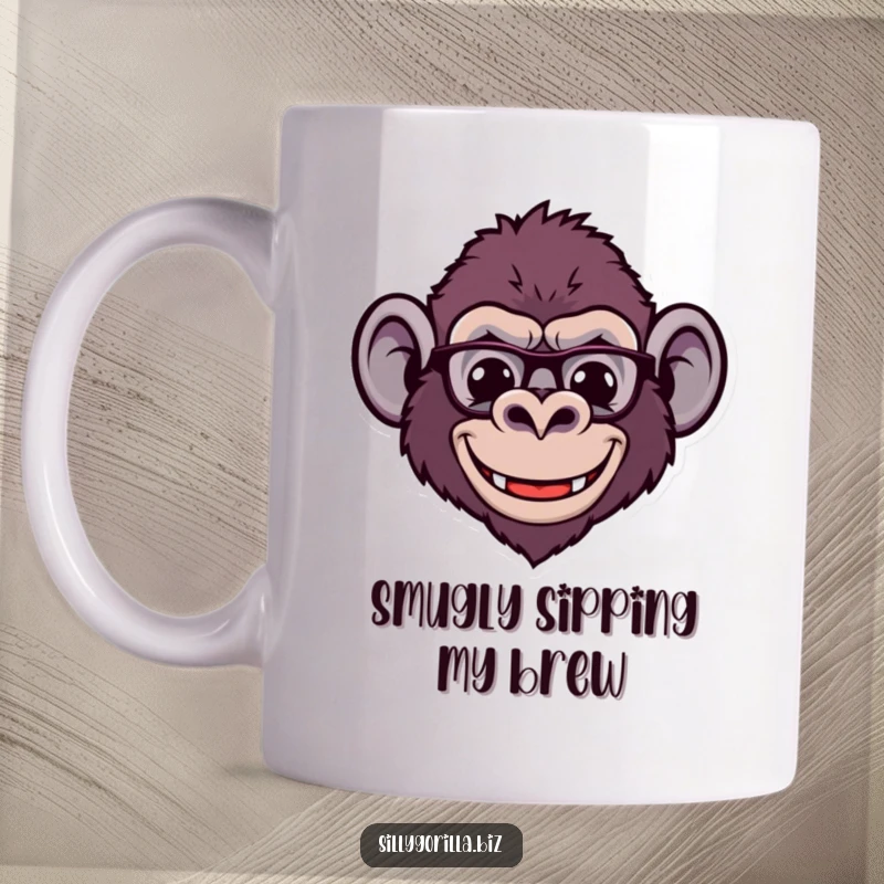 Funny mug of a stylized gorilla head wearing tiny spectacles and sporting a wide, comical smile, exuding quirky intelligence and humor.