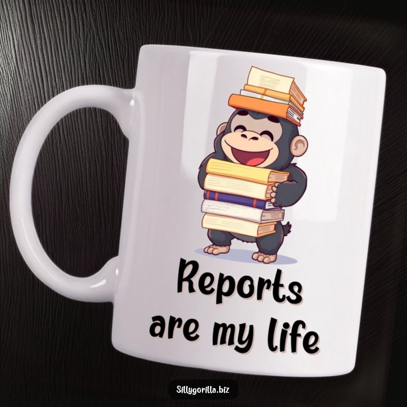 Funny mug featuring a happy gorilla character precariously balancing a large stack of office reports, symbolizing workload humor.
