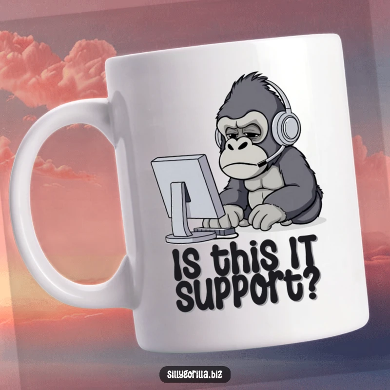 Funny gorilla wearing a headset, squinting confusedly at a computer screen, perfect for tech support humor gifts.