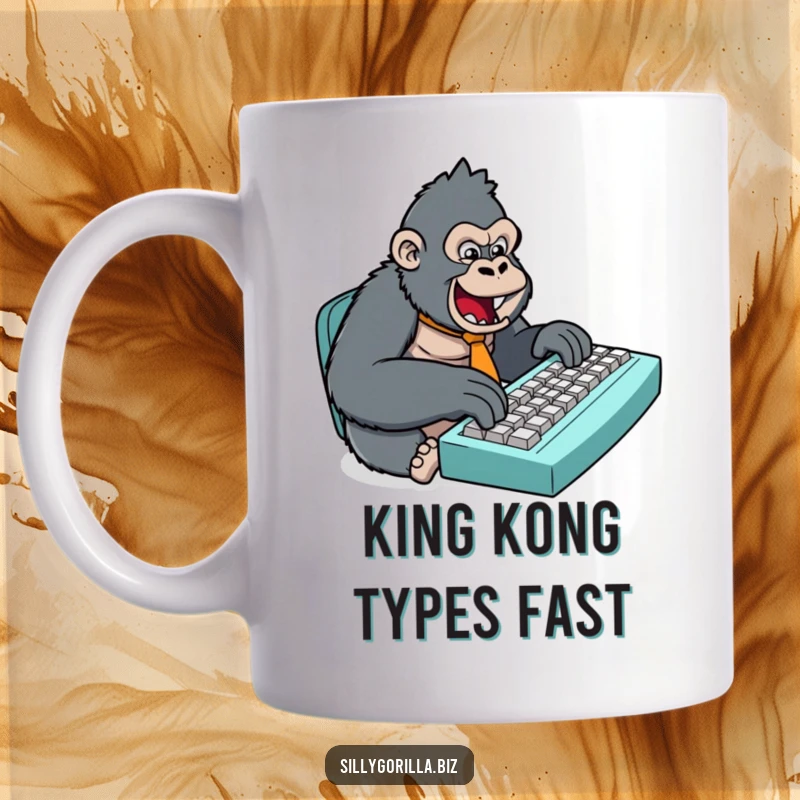 Funny mug with a stylized gorilla in a small tie, enthusiastically typing on an oversized keyboard, capturing office chaos with humor.