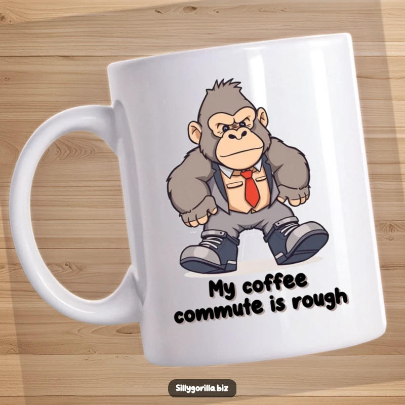 Funny office gorilla mug with a character wearing oversized work shoes, comically stomping around the workplace.