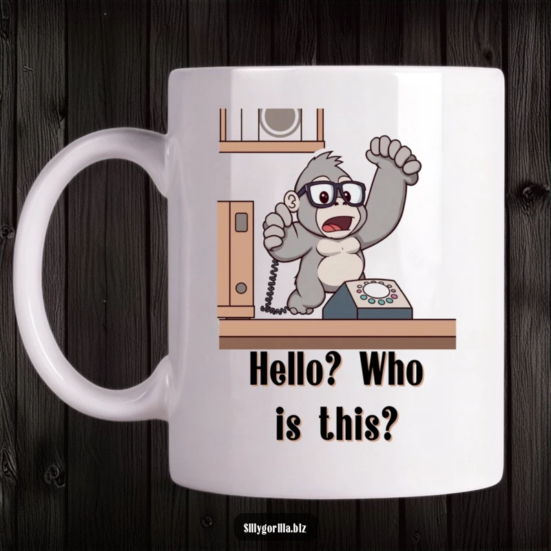 Funny gorilla wearing glasses, jumping back startled from a ringing desk phone, office humor mug.