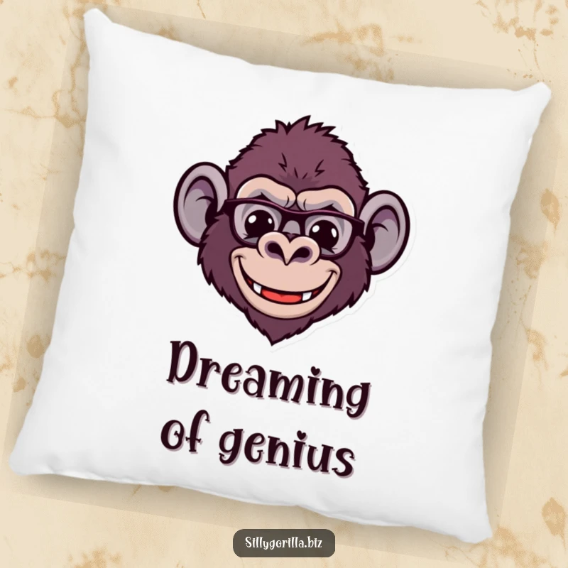 Funny pillow with a stylized gorilla head wearing tiny spectacles and a wide, comical smile, offering comfort and intelligent humor.
