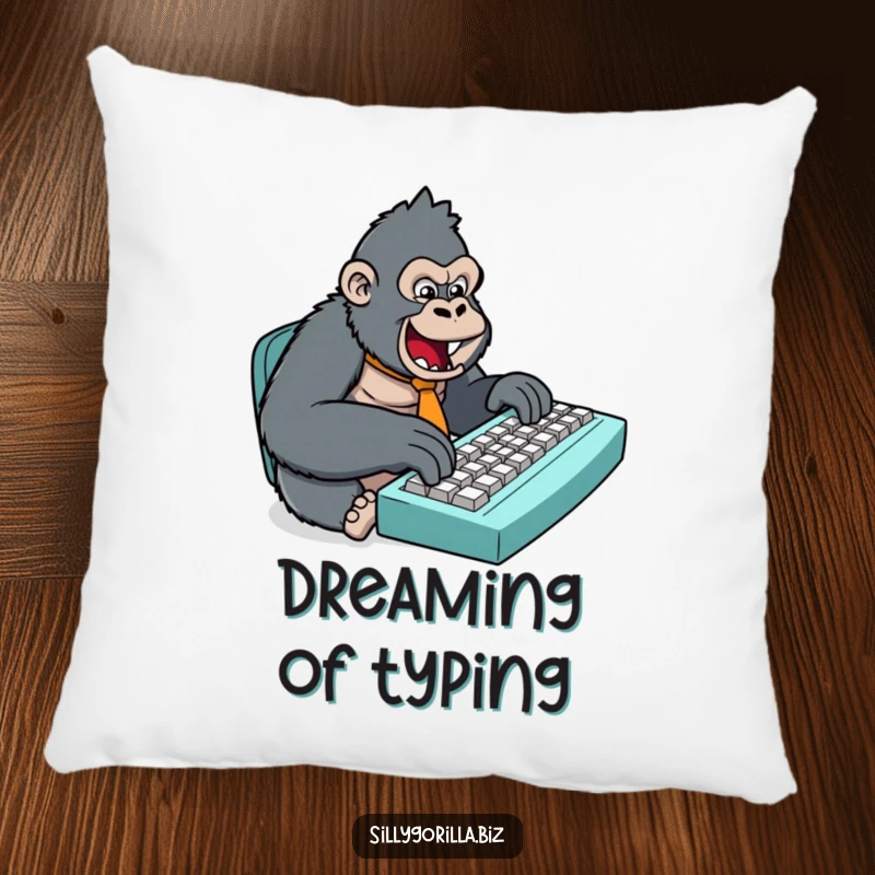 Funny pillow showcasing a stylized gorilla with a small tie, typing on an oversized keyboard, offering comfort and desk-side humor.