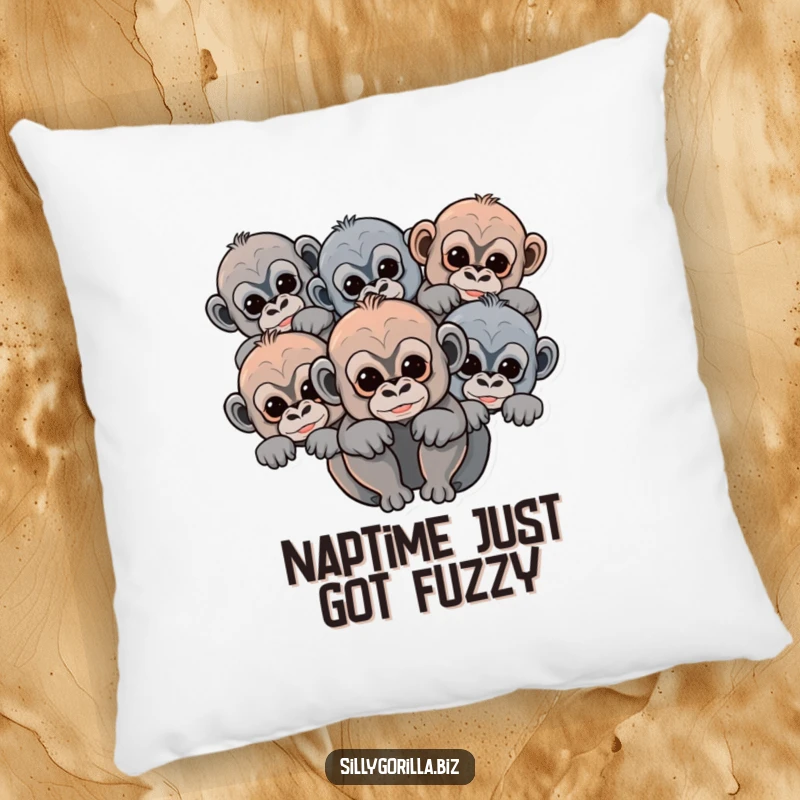 Funny baby gorilla pillow with abstract rounded soft shapes of cute primates peeking, perfect for cozying up.