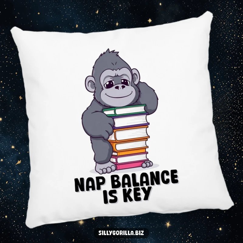Funny pillow with a gorilla in a humorous pose balancing a coffee mug, perfect for adding comfort and laughs to any room.