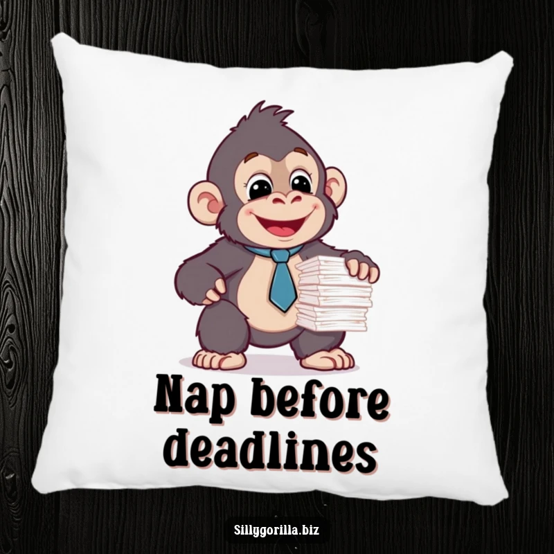 Funny pillow featuring a happy gorilla in a tie attempting to balance papers. Soft office humor.