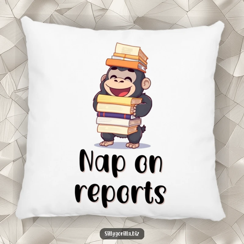 Funny pillow with a happy gorilla character struggling to balance a large stack of documents, offering cozy and humorous comfort.