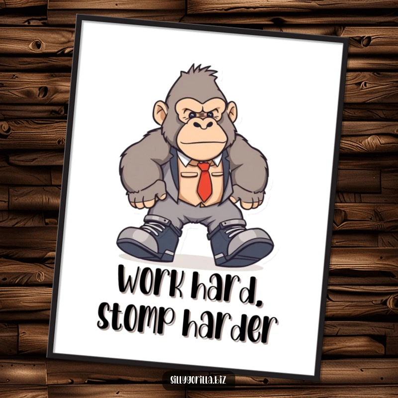 Funny gorilla digital art print of a character in oversized work shoes, humorously stomping through an office.