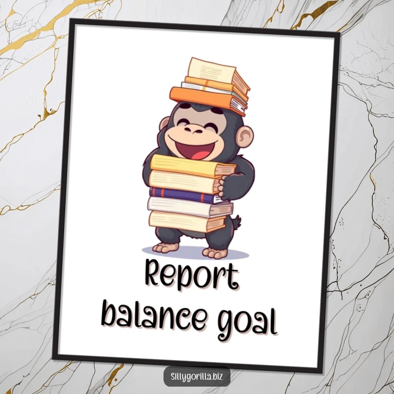 Funny digital art print of a happy gorilla character precariously balancing a large pile of documents, offering humorous and relatable wall decor.