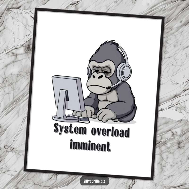 Funny gorilla wearing headset, squinting at computer screen, digital art print, humorous office decor.