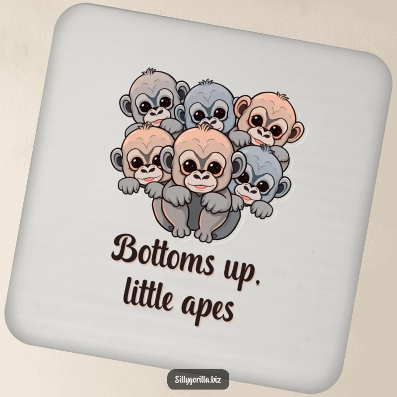 Funny baby gorilla drink coasters with abstract rounded shapes of cute primates peeking, protecting surfaces with charm.