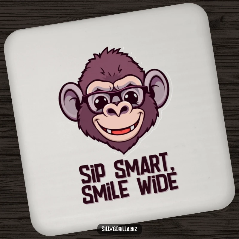 Funny drink coaster with a stylized gorilla head wearing tiny spectacles and a wide smile, protecting surfaces with intelligent humor.