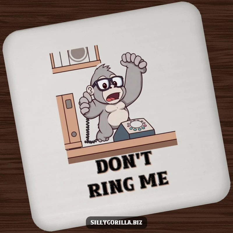 Funny gorilla wearing glasses, jumping from a ringing phone, used on a drink coaster, office gift.