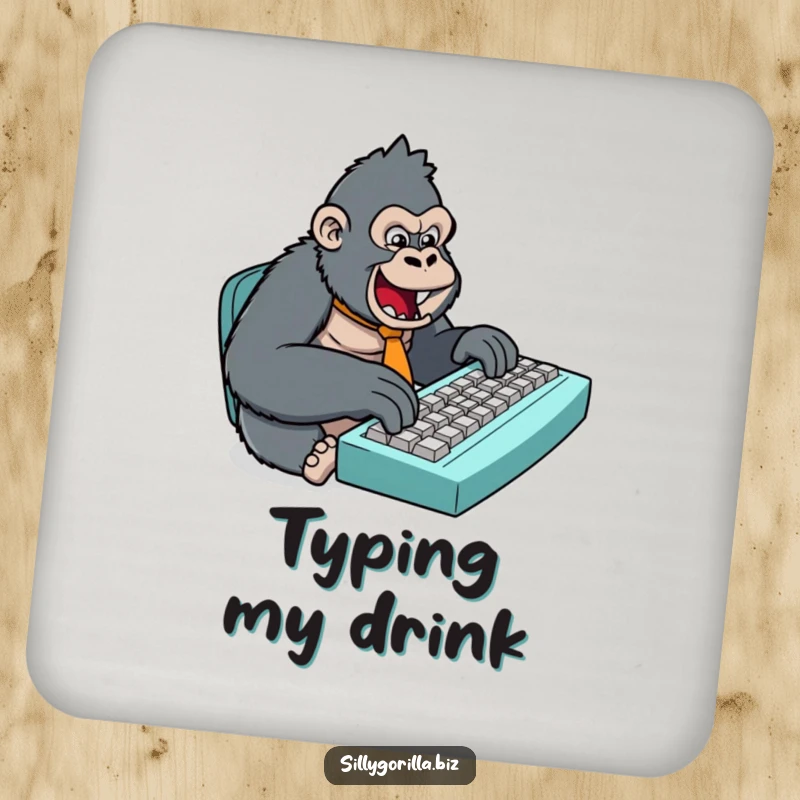 Funny coaster showing a stylized gorilla wearing a small tie, typing on an oversized keyboard, adding humorous protection to surfaces.