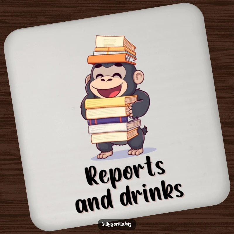 Funny coaster showing a happy gorilla character balancing a large stack of reports, offering humorous protection for surfaces.