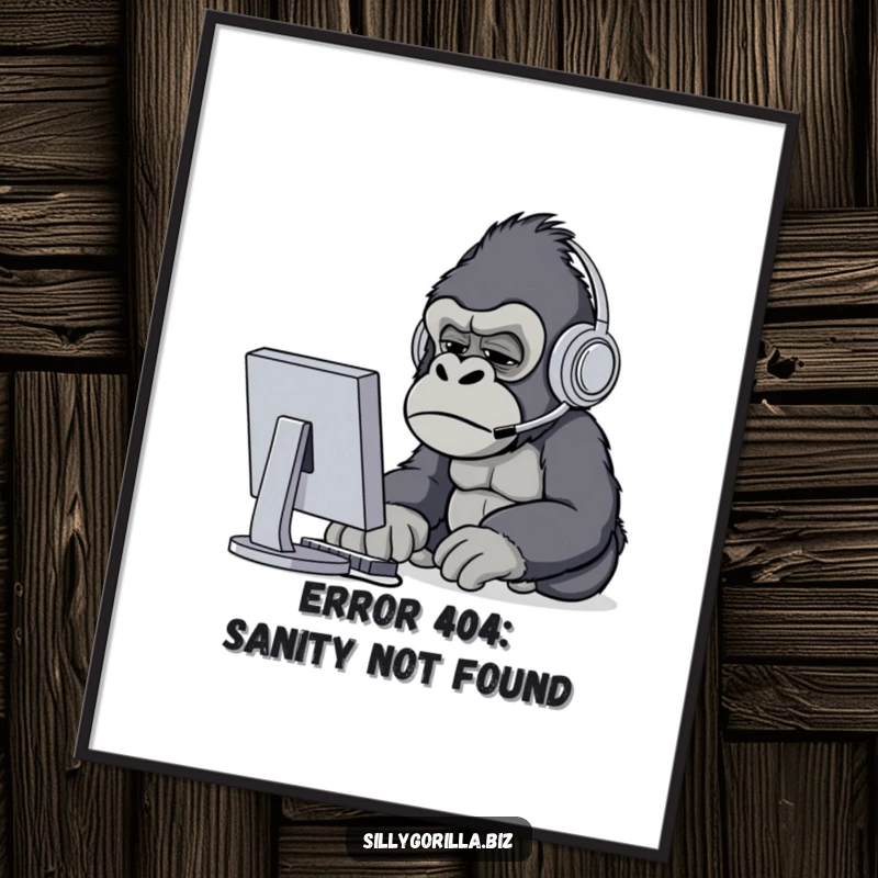 Funny gorilla wearing headset, squinting at computer screen, humorous office decor poster, tech art.