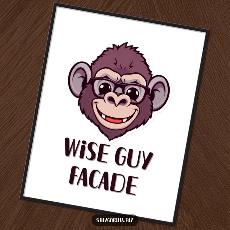 Funny poster of a stylized gorilla head with small spectacles and a wide, comical smile, adding intelligent humor to wall decor.
