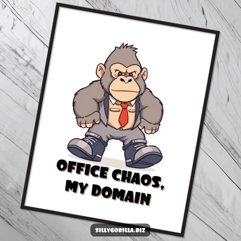 Funny office gorilla poster showing a character in giant work shoes, comically stomping and causing a stir in an office.