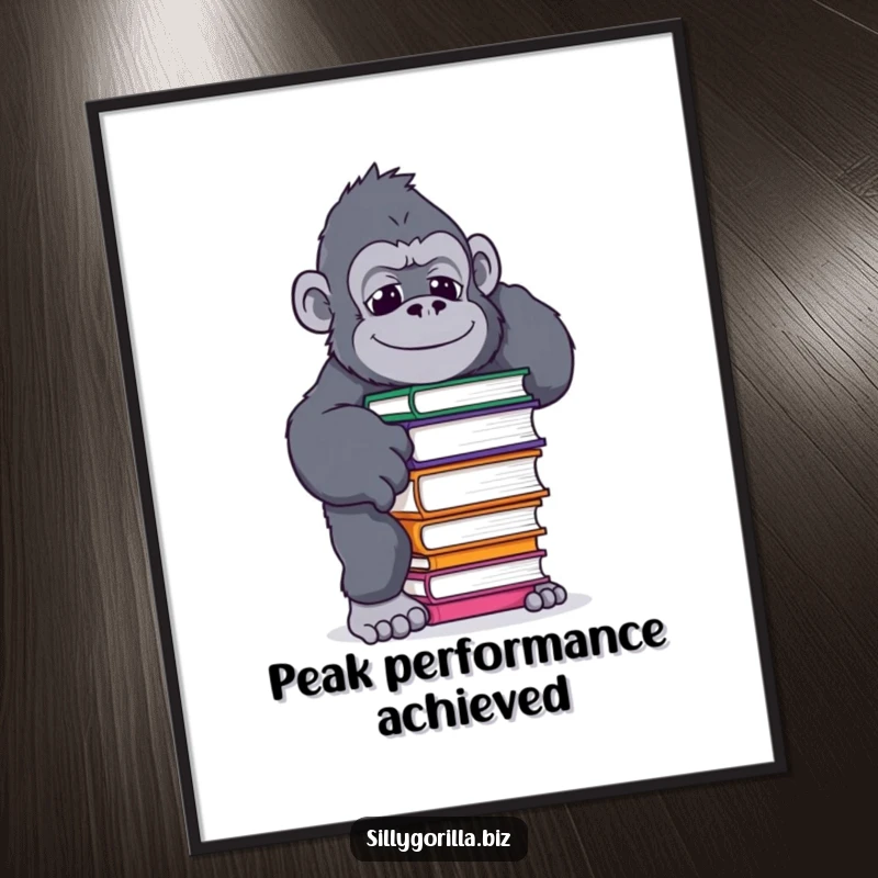 Funny poster of a gorilla in a funny pose trying to balance a coffee mug, adding whimsical and humorous wall art.