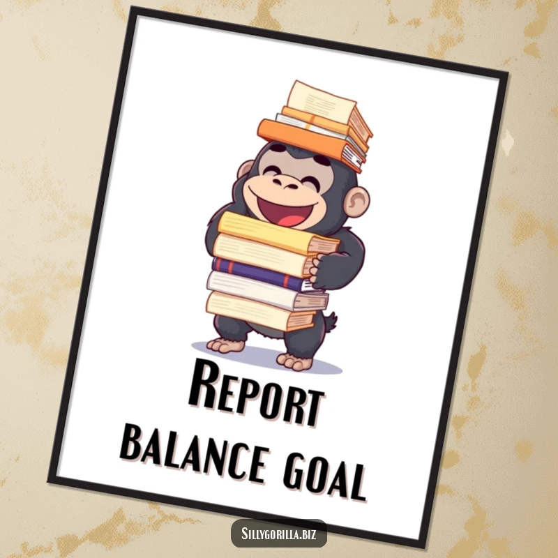 Funny poster featuring a happy gorilla character precariously holding a large pile of papers, capturing the humorous essence of office workload.