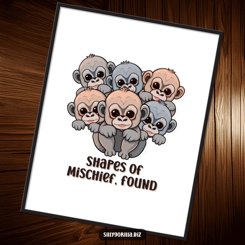 Funny baby gorilla poster featuring abstract rounded shapes of cute primates peeking, creating whimsical and eye-catching wall art.