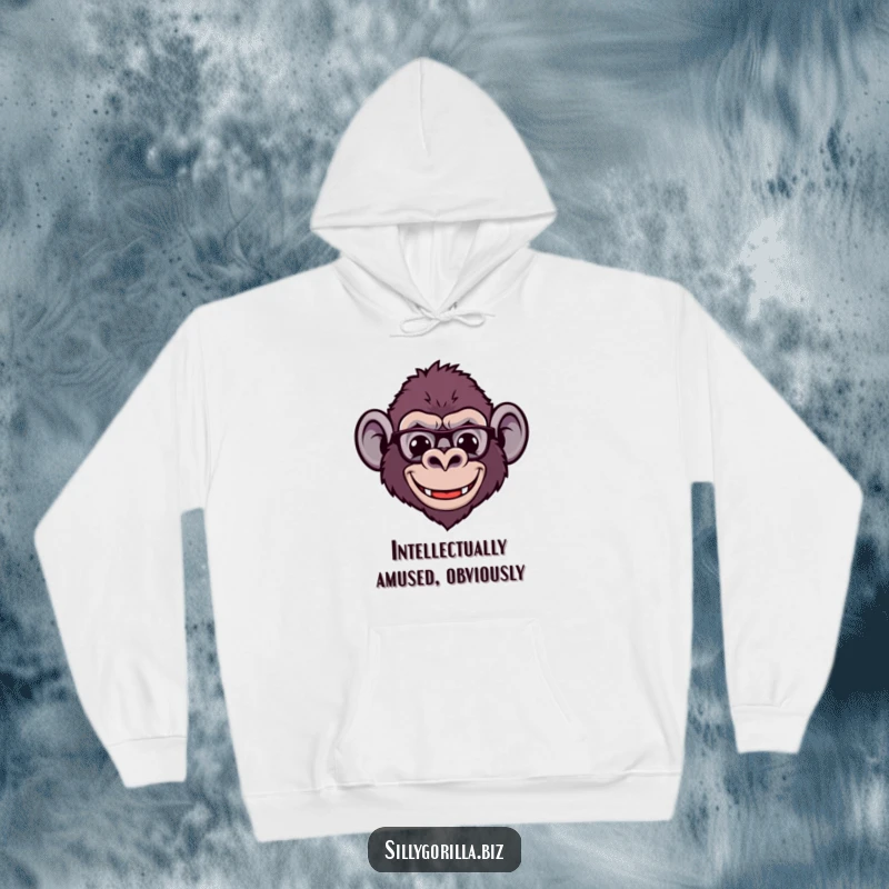 Funny hoodie depicting a stylized gorilla head with tiny spectacles and a big, comical smile, offering warmth and intellectual humor.