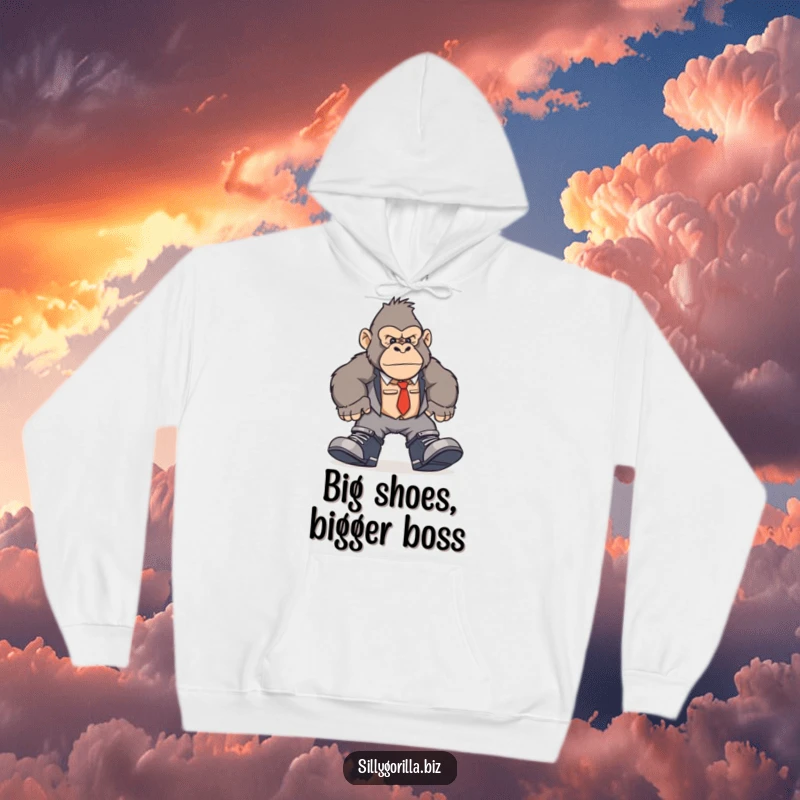 Funny gorilla hoodie featuring a character in comically oversized work shoes, stomping around an office environment.