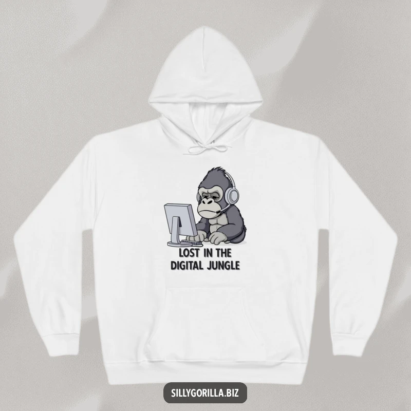 Funny gorilla in headset squinting at computer screen, cozy hoodie, office humor, relatable tech frustration.