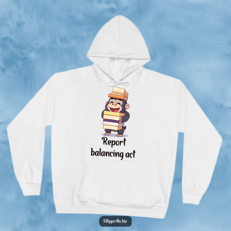 Funny hoodie with a happy gorilla character struggling to balance a massive pile of documents, representing the humorous side of office work.