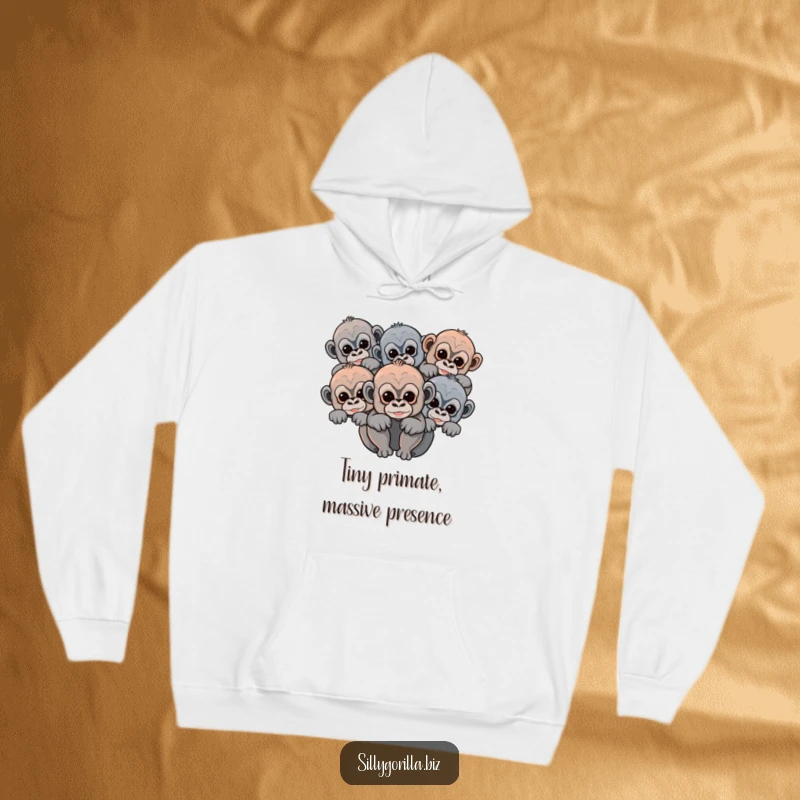 Funny baby gorilla hoodie showcasing abstract rounded shapes of cute primates peeking, offering warmth and a playful aesthetic.