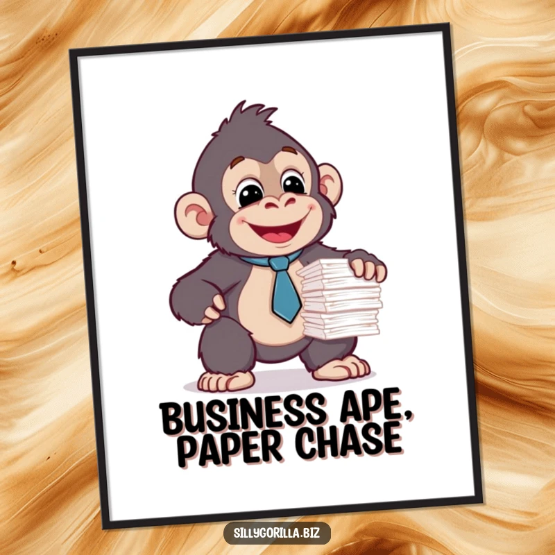 Free Printable wall art of a happy, suited gorilla in a tiny tie, hilariously attempting to balance a precarious stack of papers.