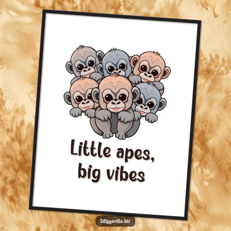 Funny Free Printable Gorilla Wall Art: abstract rounded shapes revealing playful baby gorillas peeking with curiosity.