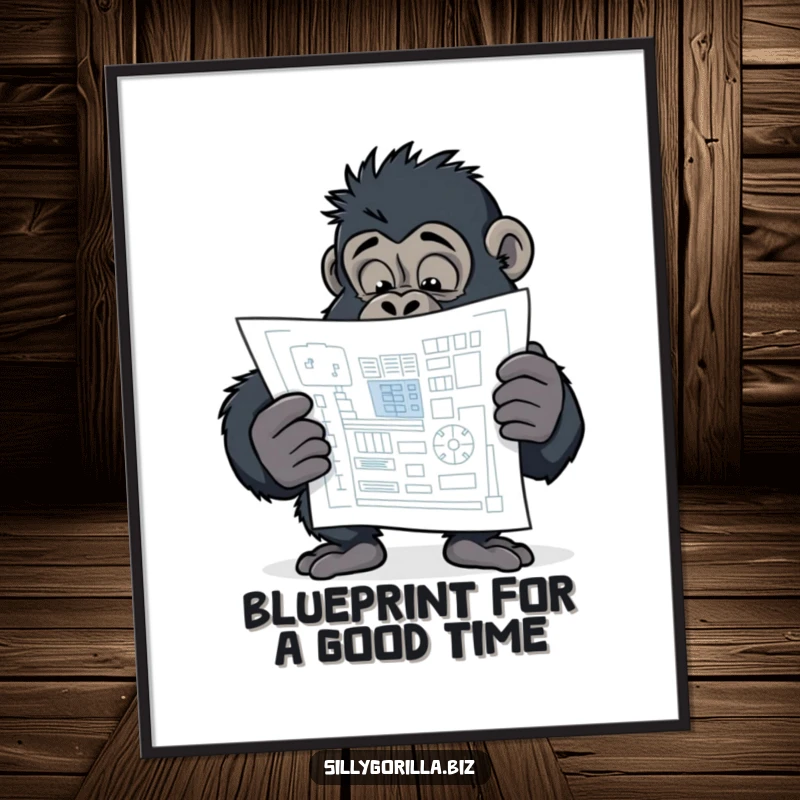 Funny Free Printable Wall Art: Curious gorilla character intently examining a stylized blueprint.