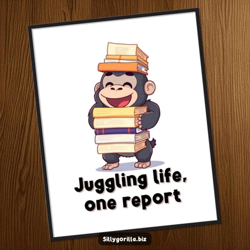 Funny Free Printable Wall Art: A happy gorilla character attempting to balance a large stack of office reports.