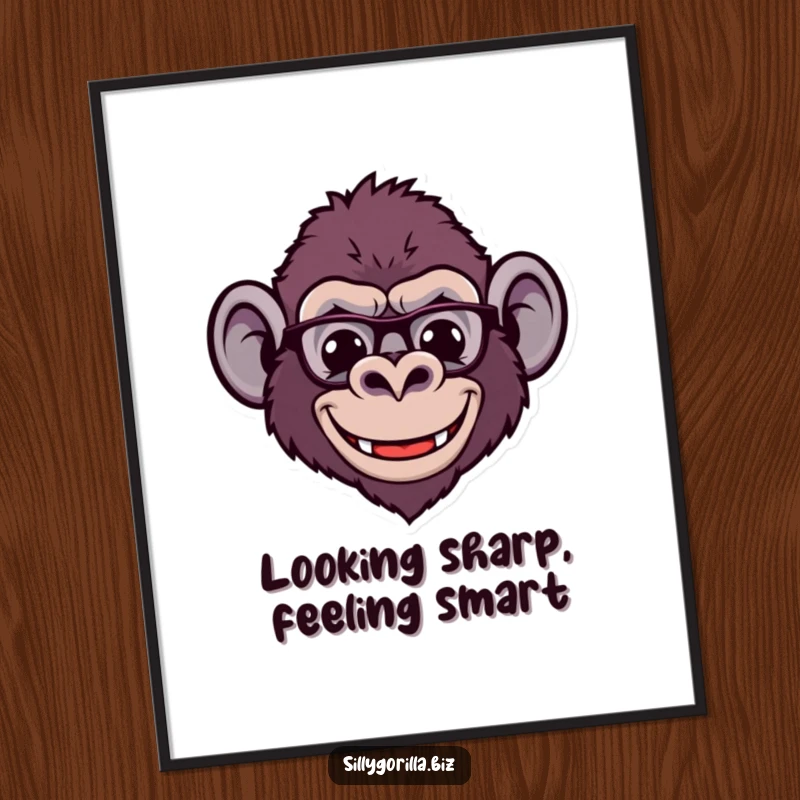 Funny Free Printable wall art of a stylized gorilla head with a wide, comical smile and tiny spectacles, radiating playful intelligence.