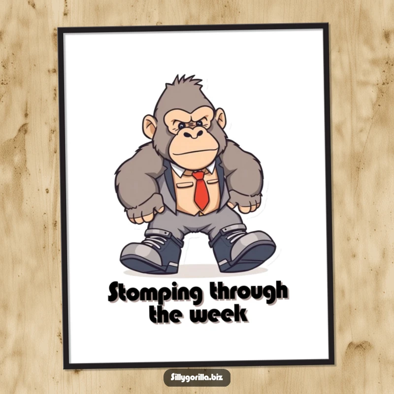 Funny Free Printable Gorilla Wall Art: a gorilla humorously stomping around an office in oversized work shoes.