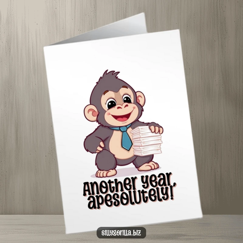 Free Printable birthday card featuring a happy gorilla in a tiny tie precariously balancing a huge stack of papers, looking stressed but cute.