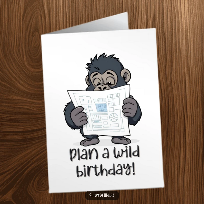 Funny Free Printable Birthday Card: Curious gorilla character intently examining a stylized blueprint.