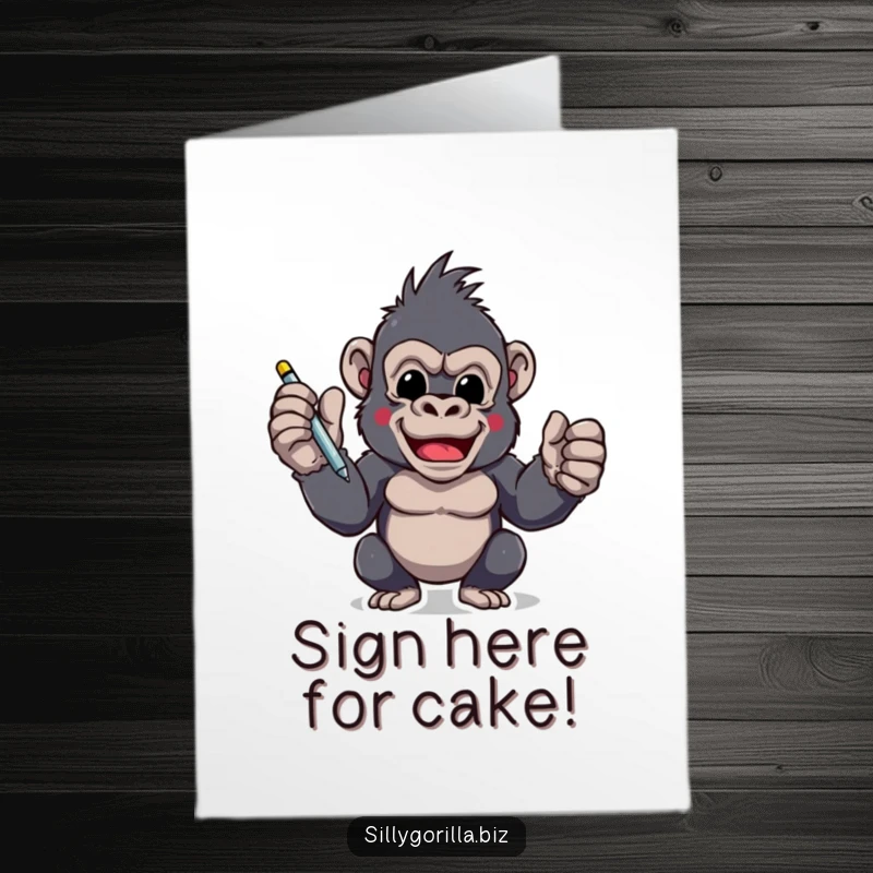 Funny Free Printable birthday card shows an excited gorilla character holding a pen with enthusiasm, ready to sign something important.