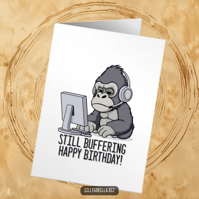 Funny Free Printable Birthday Card: Confused gorilla in headset squints at computer, embodying IT woes.
