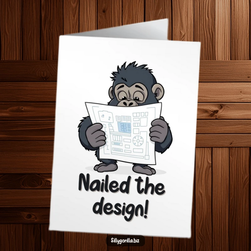 Funny Free Printable Congrats Card: Curious gorilla character intently examining a stylized blueprint.